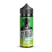 A bottle of Peeky Blenders 100ML Vape Juice with 'Lemon Lime Freeze' flavor label, predominantly green in color, with a black cap and a graphic of a character on the front.